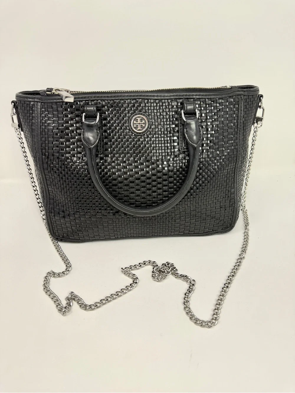Tory Burch Robinson Black Basket Weave Leather Small Tote Satchel with Chain - Picture 3 of 16